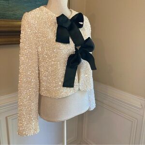 COMMENSE Cream Sequin Black Ribbon Bow Cardigan Jacket NWT